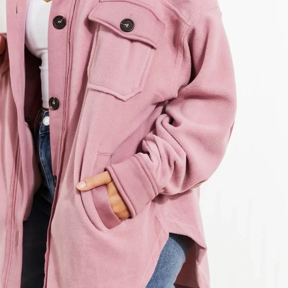 Light Rose Cozy in the Cabin Full Size Fleece Elbow Patch Shacket - Picture 10 of 10